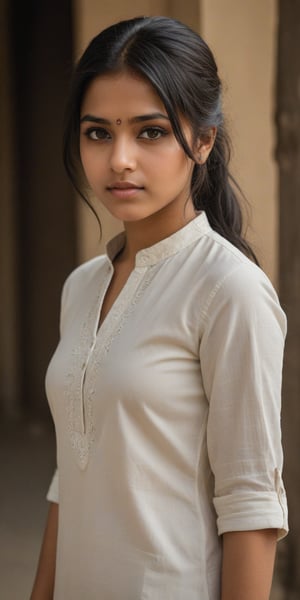 ((top quality)), ((masterpiece)), Standing young Indian girl with a touch of punky, In a white kurta top , black shaded eyes, black hair, full-length_portrait, highly detailed light brown eyes, highly detailed mouth, cinematic image, illuminated by soft light, photo of perfect eyes