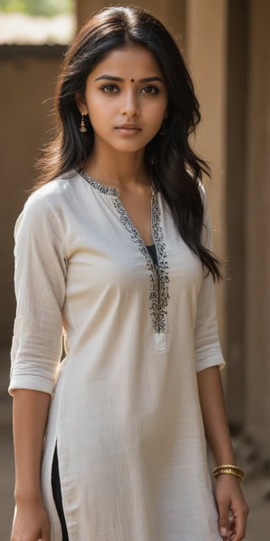 ((top quality)), ((masterpiece)), Standing young Indian girl with a touch of punky, In a white kurta top , black shaded eyes, black hair, full-length_portrait, highly detailed light brown eyes, highly detailed mouth, cinematic image, illuminated by soft light, photo of perfect eyes, full_body