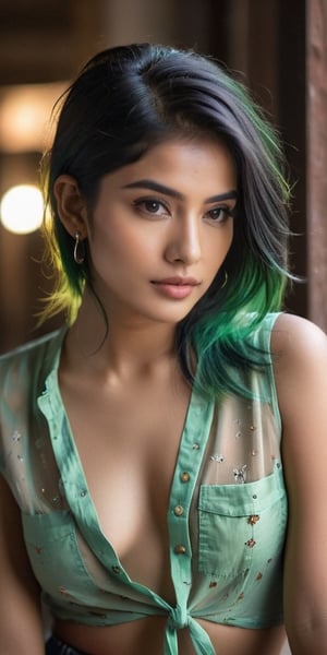 A stunning ((top quality)), ((masterpiece)) full portrait of a young Indian girl exuding punky flair. In the ((back view)), she sits confidently with her unbuttoned transparent shirt falling open, revealing a hint of vulnerability. Her piercing green hair and black shaded eyes seem to draw the viewer in, while intricate details define her light brown eyes and mouth. Soft, cinematic lighting illuminates her features, as if captured by a photographer's lens. The image is rendered with perfect attention to detail, from the subtle curves of her face to the delicate contours of her eyes.