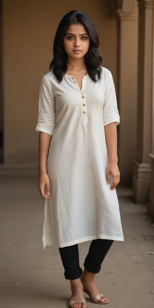 ((top quality)), ((masterpiece)), Standing young Indian girl with a touch of punky, In a white kurta top , black shaded eyes, black hair, full-length_portrait, highly detailed light brown eyes, highly detailed mouth, cinematic image, illuminated by soft light, photo of perfect eyes