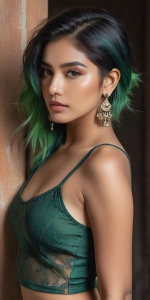 A stunning ((top quality)), ((masterpiece)) full body of a young Indian girl exuding punky flair. In the ((back view)), she stand confidently with her shirt open, revealing a vulnerability. Her piercing green hair and black shaded eyes seem to draw the viewer in, while intricate details define her light brown eyes and mouth. Soft, cinematic lighting illuminates her features, as if captured by a photographer's lens. The image is rendered with perfect attention to detail, from the subtle curves of her face to the delicate contours of her eyes.