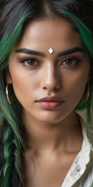 ((top quality)), ((masterpiece)), close portrait of a young Indian girl with a  touch of punky, ((front view,)) With an unbuttoned shirt falling off, black shaded eyes, green hair, intricate details, highly detailed light brown eyes, highly detailed mouth, cinematic image, illuminated by soft light, photo of perfect eyes