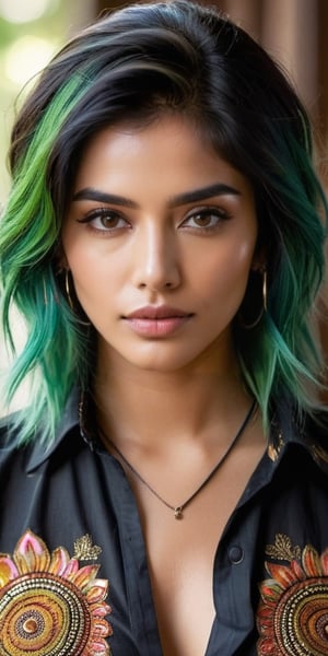 A stunning portrait of a young Indian girl exudes top-tier quality and masterful craftsmanship. In the front view, her punky essence shines as an unbuttoned shirt hints at her edgy personality. Her black shaded eyes gleam with mischief, complemented by her vibrant green hair. Intricate details bring her light brown eyes to life, along with a highly defined mouth that tells a thousand stories. The cinematic image is bathed in soft, warm light, illuminating every feature and capturing the perfect eyes that seem to hold a million secrets.