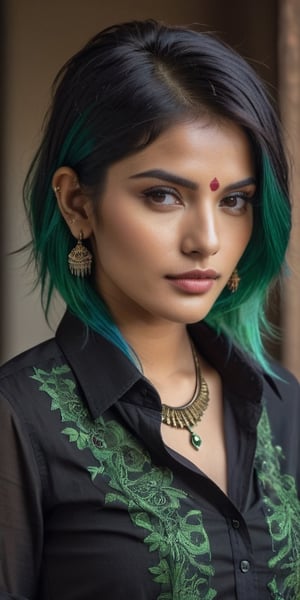 ((top quality)), ((masterpiece)), full body of a young gothic Indian girl with a  touch of punky, ((front view,)) With a black unbuttoned shirt, black shaded eyes, green hair, intricate details, highly detailed light brown eyes, highly detailed mouth, cinematic image, illuminated by soft light, photo of perfect eyes