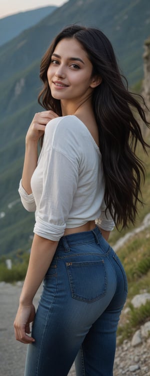 (masterpiece, best quality, ultra-detailed, 8K),high detail, realisitc detailed,
a beautiful young girl with long flowy black hair over shoulders in the dark, jeans outfits,   brown eyes, pale soft skin, kind smile, glossy lips, a serene and contemplative mood, setting on the top of the mountain, some people walking in the street. making Victory Hand Gesture,