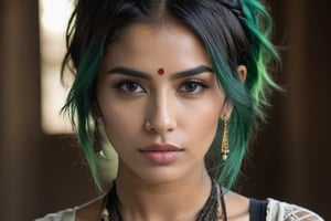 ((top quality)), ((masterpiece)), far portrait of a young gothic Indian girl with a  touch of punky, ((front view,)) With a unbuttoned shirt, black shaded eyes, green hair, intricate details, highly detailed light brown eyes, highly detailed mouth, cinematic image, illuminated by soft light, photo of perfect eyes