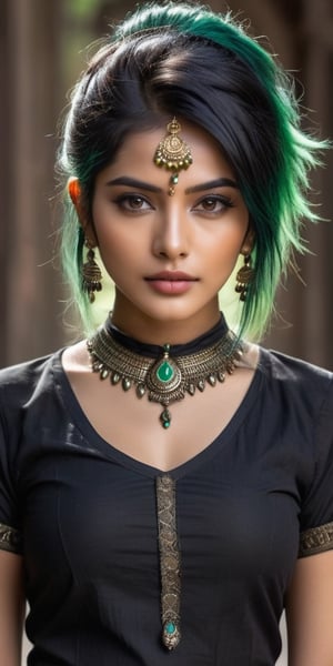 ((top quality)), ((masterpiece)), full body of a young gothic Indian girl with a  touch of punky, ((front view,)) With a black shirt, black shaded eyes, green hair, intricate details, highly detailed light brown eyes, highly detailed mouth, cinematic image, illuminated by soft light, photo of perfect eyes