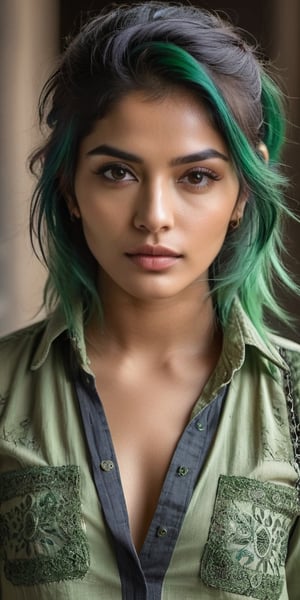 ((top quality)), ((masterpiece)), full portrait of a young Indian girl with a  touch of punky, ((front view,)) with a unbuttoned shirt, with a rebellious appearance, black shaded eyes, green hair, intricate details, highly detailed light brown eyes, highly detailed mouth, cinematic image, illuminated by soft light, photo of perfect eyes