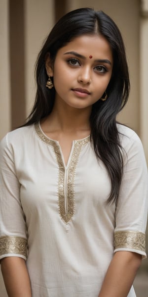 ((top quality)), ((masterpiece)), Standing young Indian girl with a touch of punky, In a white kurta top , black shaded eyes, black hair, full-length_portrait, highly detailed light brown eyes, highly detailed mouth, cinematic image, illuminated by soft light, photo of perfect eyes, full_body