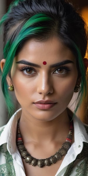 ((top quality)), ((masterpiece)), full portrait of a young Indian girl with a  touch of punky, ((front view,)) with a unbuttoned shirt, with a rebellious appearance, black shaded eyes, green hair, intricate details, highly detailed light brown eyes, highly detailed mouth, cinematic image, illuminated by soft light, photo of perfect eyes