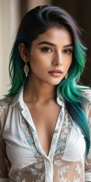 A stunning ((top quality)), ((masterpiece)) full portrait of a young Indian girl exuding punky flair. In the ((front view)), she sits confidently with her unbuttoned shirt falling open, revealing a hint of vulnerability. Her piercing green hair and black shaded eyes seem to draw the viewer in, while intricate details define her light brown eyes and mouth. Soft, cinematic lighting illuminates her features, as if captured by a photographer's lens. The image is rendered with perfect attention to detail, from the subtle curves of her face to the delicate contours of her eyes.