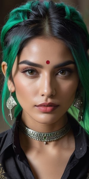 ((top quality)), ((masterpiece)), close portrait of a young gothic Indian girl with a  touch of punky, ((front view,)) With a black velvet unbuttoned shirt, with a rebellious appearance, black shaded eyes, green hair, intricate details, highly detailed light brown eyes, highly detailed mouth, cinematic image, illuminated by soft light, photo of perfect eyes