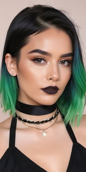 A woman with black and green hair, wearing a black shirt and a choker.