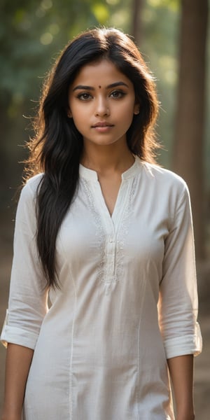 ((top quality)), ((masterpiece)), Standing young Indian girl with a touch of punky, In a white kurta top , black shaded eyes, black hair, full-length_portrait, highly detailed light brown eyes, highly detailed mouth, cinematic image, illuminated by soft light, photo of perfect eyes