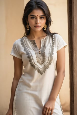 ((top quality)), ((masterpiece)), Standing young Indian girl with a touch of punky, In a white kurta top , black shaded eyes, black hair, full-length_portrait, highly detailed light brown eyes, highly detailed mouth, cinematic image, illuminated by soft light, photo of perfect eyes