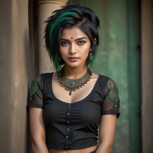 ((top quality)), ((masterpiece)), full body of a young gothic Indian girl with a  touch of punky, ((front view,)) With a black shirt, black shaded eyes, green hair, intricate details, highly detailed light brown eyes, highly detailed mouth, cinematic image, illuminated by soft light, photo of perfect eyes,girl