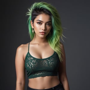 A stunning ((top quality)), ((masterpiece)) full body of a young Indian girl exuding punky flair. In the ((front view)), she stand confidently with her shirt falling open, revealing a hint of vulnerability. Her piercing green hair and black shaded eyes seem to draw the viewer in, while intricate details define her light brown eyes and mouth. Soft, cinematic lighting illuminates her features, as if captured by a photographer's lens. The image is rendered with perfect attention to detail, from the subtle curves of her face to the delicate contours of her eyes.