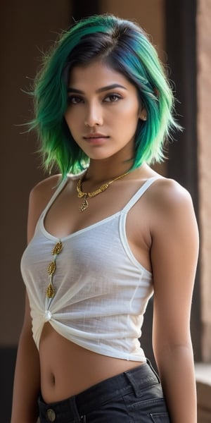 A stunning ((top quality)), ((masterpiece)) full body of a young Indian girl exuding punky flair. In the ((front view)), she stand confidently with her shirt falling open, revealing a hint of vulnerability. Her piercing green hair and black shaded eyes seem to draw the viewer in, while intricate details define her light brown eyes and mouth. Soft, cinematic lighting illuminates her features, as if captured by a photographer's lens. The image is rendered with perfect attention to detail, from the subtle curves of her face to the delicate contours of her eyes.