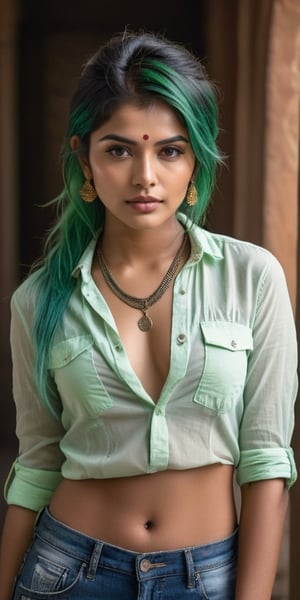 ((top quality)), ((masterpiece)), full body of a young Indian girl with a  touch of punky, ((front view,)) with a unbuttoned shirt, with a rebellious appearance, black shaded eyes, green hair, intricate details, highly detailed light brown eyes, highly detailed mouth, cinematic image, illuminated by soft light, photo of perfect eyes