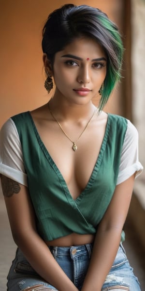 A stunning ((top quality)), ((masterpiece)) full body of a young Indian girl exuding punky flair. In the ((back view)), she sits confidently with her shirt falling open, revealing a hint of vulnerability. Her piercing green hair and black shaded eyes seem to draw the viewer in, while intricate details define her light brown eyes and mouth. Soft, cinematic lighting illuminates her features, as if captured by a photographer's lens. The image is rendered with perfect attention to detail, from the subtle curves of her face to the delicate contours of her eyes.