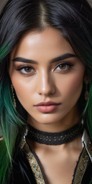 ((top quality)), ((masterpiece)), close portrait of a young gothic Indian girl with a  touch of punky, ((front view,)) With a black velvet unbuttoned shirt, with a rebellious appearance, black shaded eyes, green hair, intricate details, highly detailed light brown eyes, highly detailed mouth, cinematic image, illuminated by soft light, photo of perfect eyes