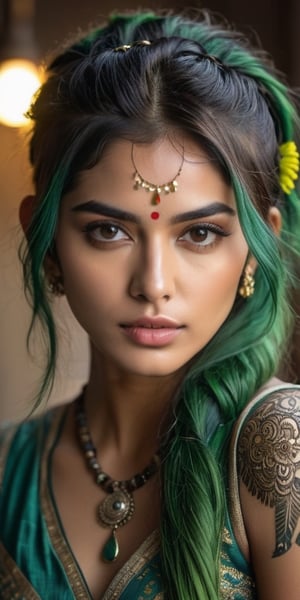 ((top quality)), ((masterpiece)), full body of a young Indian girl with a  touch of punky, ((front view,)) with a top, with a rebellious appearance, black shaded eyes, green hair, intricate details, highly detailed light brown eyes, highly detailed mouth, cinematic image, illuminated by soft light, photo of perfect eyes