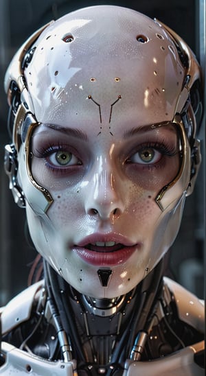 A raw photo of an evil alien robot, fine lines, faded freckles, very detailed skin, moist lips, long eyelashes, a clear separation between lips and teeth, cinematic style, absolute realism, bright colors and contrasts. Magnificent, heavenly, sinister, cinematic, epic, majestic, magical, fantasy photography, clear and realistic