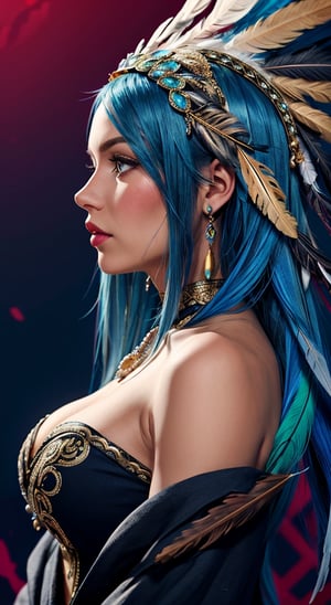 1girl, solo, headdress, long_hair, feathers, jewelry, blue_hair, gem, red_background, lips, hair_ornament, profile, braid, portrait, watermark, from_side, looking_away, feather_hair_ornament