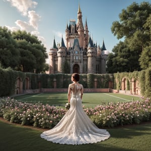 ((Full front shot)),(best quality),((an extremely delicate and beautiful)),  cinematic lighting, (character focus), 3d, 3d background, 
 architecture,  brick castle, bhoneycomb \(pattern\),  outdoors, real world location,   stadium,, town ,  backlighting,  bride，garden，flower，yarn ，castle，benquet