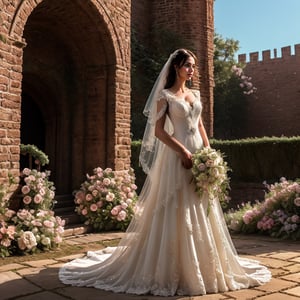 ((Full front shot)),(best quality),((an extremely delicate and beautiful)),  cinematic lighting, (character focus), 3d, 3d background, 
 architecture,  brick castle, bhoneycomb \(pattern\),  outdoors, real world location,   stadium,, town ,  backlighting,  bride，garden，flower，yarn ，castle，benquet，veil