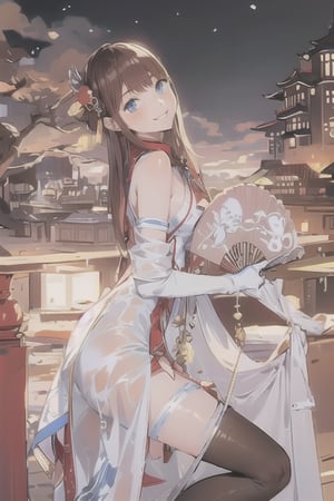 1girl, solo, long hair, looking at viewer, smile, bangs, blue eyes, brown hair, hair ornament, thighhighs, gloves, dress, holding, bare shoulders, closed mouth, standing, elbow gloves, white dress, from side, night, chinese clothes, china dress, hand fan, holding fan, architecture, east asian architecture