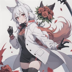 1girl, solo, looking at viewer, smile, red eyes, thighhighs, gloves, long sleeves, holding, animal ears, jacket, tail, weapon, braid, flower, white hair, red hair, multicolored hair, sword, black thighhighs, streaked hair, coat, animal ear fluff, fox ears, fox tail, rose, wolf ears, white jacket, red flower, fox girl, side braid, wolf tail, red gloves, red rose, wolf girl, holding flower