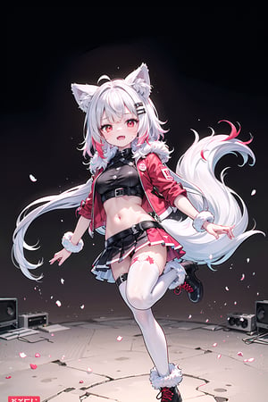 Image quality (masterpiece, best quality, 1girl, solo, highhighsmasterpiece, photorealism, high resolution, perfect detail, super detailed, (4k), excellent clarity, vivid colors,),

Characters: (1girl, monster girl, Umy, Chinese virtual Youtuber, wolf girl, tail, dog tail, wolf tail, dog ears, wolf ears, fangs, fangs, red eyes, long hair, white hair, colored undercoat, She has a red and white wolf tail (with undercoat, white wolf ears, light pink gradient),

Clothing: (Stomach-baring outfit, navel-baring outfit, black vest, fur red jacket, wrist cuffs, pleated skirt, tights, black stockings, red and white boots, red and white sole boots, red and white shoes, red and white sole boots, boots , boots, red and white sole boots, bangs, belt, navel-baring outfit, navel-baring outfit,),
Background: (standing on stage)