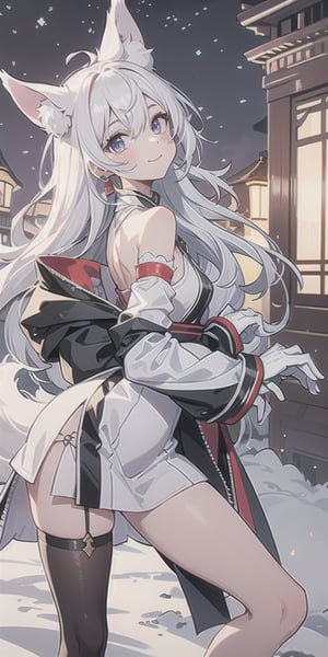 1girl, solo, white hair, long hair, looking at viewer, smile, bangs, blue eyes, brown hair, hair accessory, stockings, gloves, dress, holding, bare shoulders, closed mouth, standing, elbow gloves, white dress from the side, night, hanfu, hanfu, hand fan, holding fan, architecture, east asian architecture, animal ears, hair between eyes, bare shoulders, closed mouth, standing, purple eyes, collarbone, coat, white tail, white hair, small amount of red hair, colorful hair, outdoor, cardigan, striped fur, plush animal ears, see-through, hands on hips, sleeves above wrists, fox ears, fox tail, white shoes