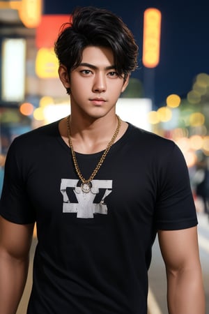  aesthetic portrait, 1 tall kpop idol, solo, short hair, bokeh, depth of field, cinematic, nighttime ,aesthetic portrait,b3rli,ch3ls3a,abmhandsomeguy,Indian exclusive ,Taecyeon,Handsome hybird boy,wearing Tshirt and jeans,Pectoral Focus
