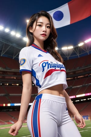 Triumphant Filipina-Korean tween athlete wearing a detailed sports uniform with PANTS stands confidently in the grandeur of a lit-up stadium, surrounded by the vibrant colors of the flag of the Philippines majestically draping behind her. Strong lighting casts a warm glow on her sweat-drenched skin as she lifts weights, framed by the imposing architecture of the stadium's structure. Her triumphant gaze and confident posture radiate determination and excellence.