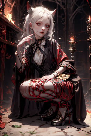 A mysterious and alluring scene unfolds: a lone, dark-skinned female, adorned with a pixie-cut, gothic Lolita attire, and striking dark makeup, poses amidst the foreboding shadows of a medieval castle. Her piercing gold eyes seem to gleam in the flickering darkness, illuminated by the warm glow of candelabras casting a fiery red ambiance. She dons high heels and a bat-shaped choker adorned with rubies, as if beckoning the nocturnal black wolf that pads silently beside her.