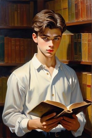 a European university student, a young boy wearing classic clothes style and standing in the library, a hand holding a book and he looking at a book, yellow eyes,masterpiece,oil painting,Masterpiece,more detail XL,Handsome boy