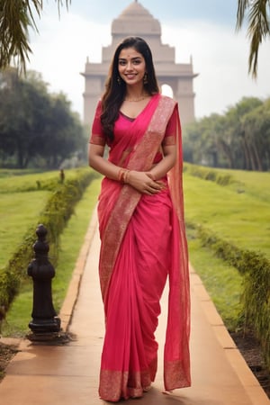 beautiful cute young attractive girl indian face like kiara advani, teenage girl,village girl,27 year old,cute, instagram model,long black hair .color hair,warm in India Gate ,indian little smiling,smooth face,Saree hot Sexy Indian cute girl  full body dress