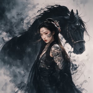 A powerful warrior-woman stands tall, draped in a flowing black coat with intricate designs resembling traditional Chinese tattoos. Her confident stance and bold pose are captured through dynamic brushstrokes and expressive forms, reminiscent of Xu Beihong's style. David Finch's influence is seen in the dramatic lighting, casting shadows that accentuate her features. In the background, a majestic horse rears up, its powerful muscles depicted in bold, graphic lines. The fusion of traditional Chinese painting techniques with modern comic book art results in a unique, tattoo-inspired illustration.