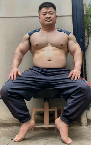 Xiaotianquan,solo,policeman,large_pectorals,barefoot,sit,police pants