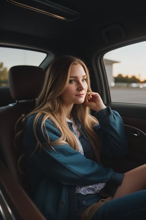 A photorealistic portrait of a 25-year-old American girl with long,flowing blonde hair and striking blue eyes.She should have a natural,approachable expression and be illuminated by soft,golden-hour sunlight. Capture this image with a high-resolution photograph using an 85mm lens for flattering perspective,let her look at the camera