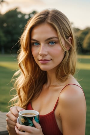 A photorealistic portrait of a 25-year-old American girl with long,flowing blonde hair and striking blue eyes.She should have a natural,approachable expression and be illuminated by soft,golden-hour sunlight. The background should be a scenic outdoor setting,perhaps a sunlit park or beach.Capture this image with a high-resolution photograph using an 85mm lens for flattering perspective,let her look at the camera,while drinking coffee