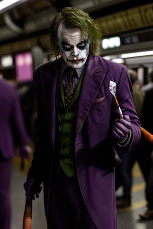 A full-body image of the Joker posing seriously, facing the viewer, with full makeup as in Joker series and Batman movies. He wears a vibrant purple suit, long groomed hair, holding a lighted cigar in one hand and a baseball bat in the other. Standing in a crowded metro station with a metro train nearby, people around are frightened and distanced. Text on a glitch effect, bright purple, reads JOKER symbolizing a joker card image.