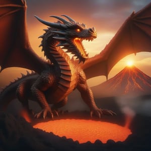 A majestic fiery dragon with scales shimmering in the sunset, soars majestically in the sky above an erupting volcano. The dragon's wings spread wide, casting shadows over the fiery lava spewing from the volcano's crater. The scene is framed with the dragon in the foreground, its fiery breath visible, and the volcano's eruption in the background, creating a dramatic contrast. The lighting is intense, with fiery hues illuminating the sky, highlighting the dragon's power and the volcano's destructive force.