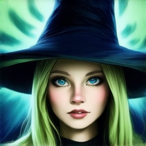 A dark, wart-ridden witch's face gradually transforms into that of a stunning young woman, her eyes locked intensely on the viewer as if daring them to look away. A swirling aura of vibrant green and blue light emanates from behind her, illuminating the eerie atmosphere. The witch's worn, pointed hat and tattered black cloak contrast starkly with the beauty unfolding before our eyes.,FuturEvoLab Text written in green across writes "WITCH"