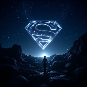 As in scene, a powerful image of Superman symbol projected in the night sky , in poster form, high resolution, 4k,worms eye view.,aidmaGlow