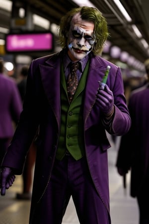 A full-body image of the Joker posing seriously, facing the viewer, with full makeup as in Joker series and Batman movies. He wears a vibrant purple suit, long groomed hair, holding a lighted cigar in one hand and a baseball bat in the other. Standing in a crowded metro station with a metro train nearby, people around are frightened and distanced. Text on a glitch effect, bright purple, reads JOKER symbolizing a joker card image.