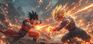 A masterpiece ultrarealistic image of Goku of Dragonball fighting with Frieza and Android 21 simultaneously. Very sharp and realistic image/photo 8k resolution. Words text "ANIME FLUX" may be seen.