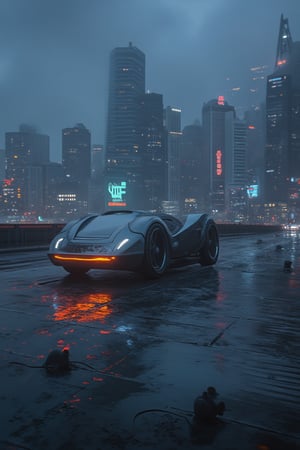 A cityscape at dusk, with towering skyscrapers and neon lights reflecting off wet pavement. A sleek, silver hovercar glides effortlessly down a deserted street, leaving a trail of iridescent sparks. The futurristic metropolis roads are full of rats. The futuristic metropolis's skyline is ablaze with holographic advertisements, casting an otherworldly glow. noc-futuristic